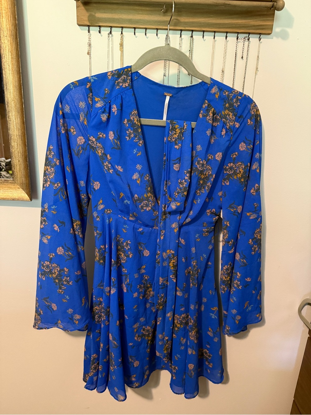 Free People Royal Blue Floral Long-Sleeve V-Neck Dress